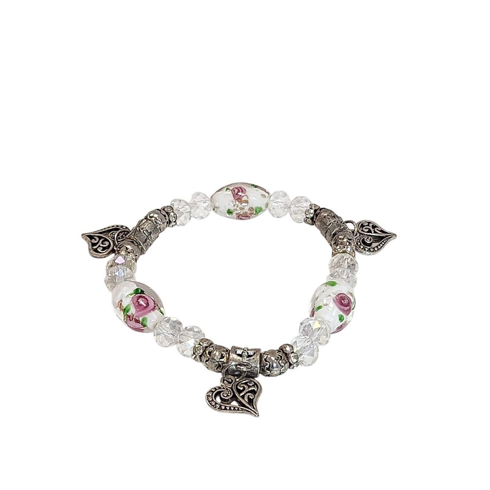Vintage Style Floral Glass Rose Heart Charm Stretch Bracelet Silver Tone Pink - Picture 2 of 4